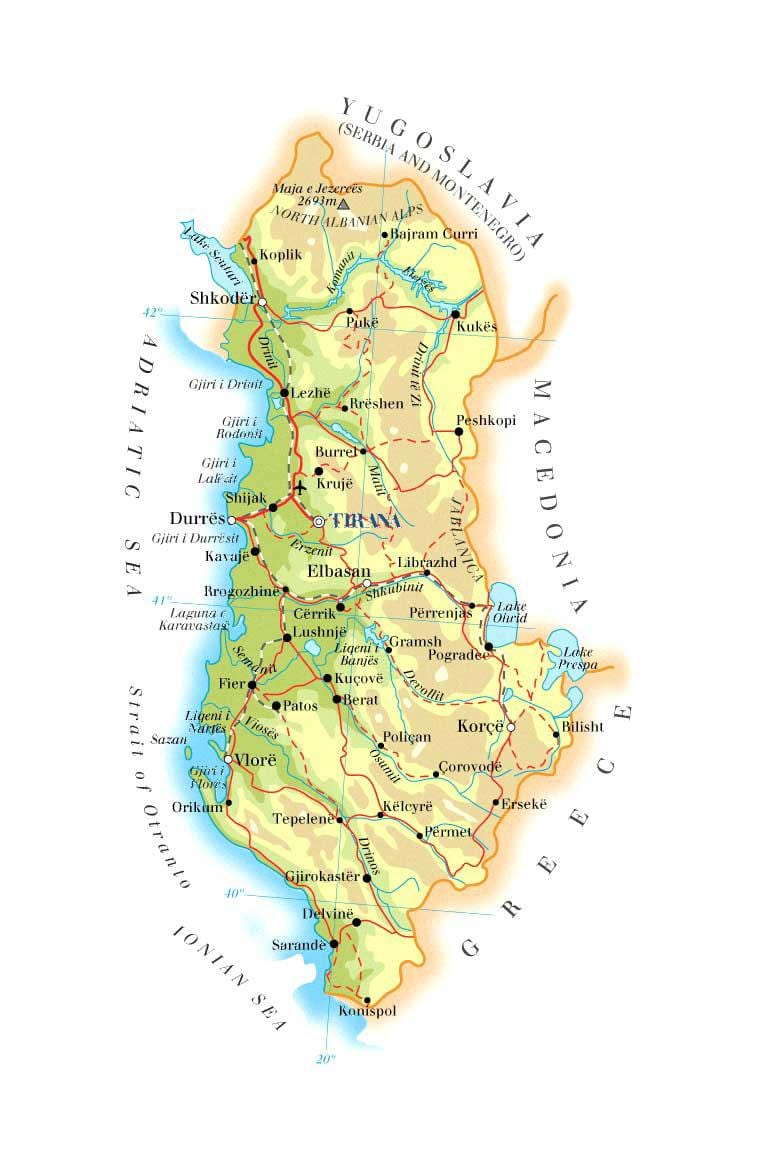 মানচিত্র শারীরিক মানচিত্র, আলবেনিয়া